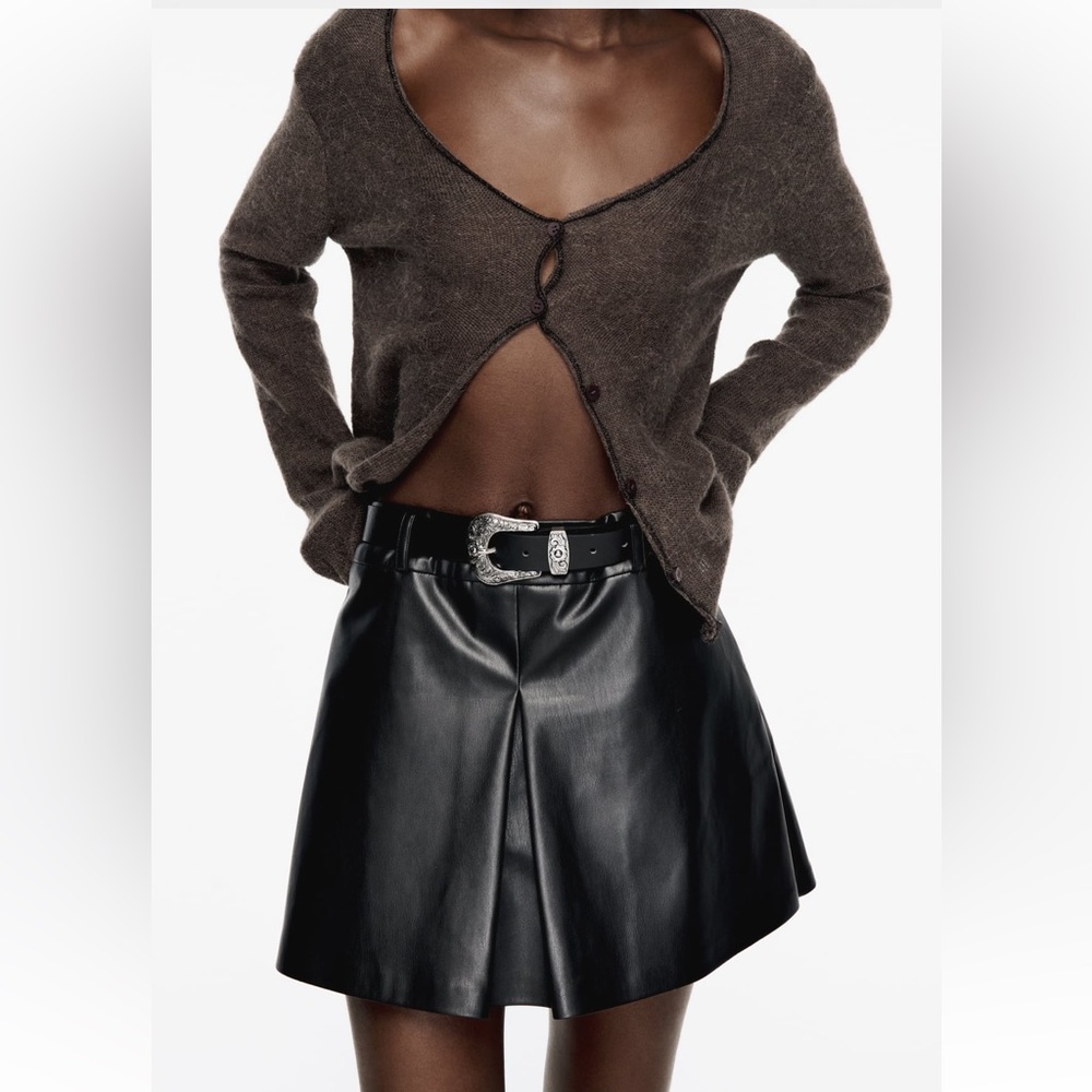 Belted pleated skort, faux leather skort black Zara NWT